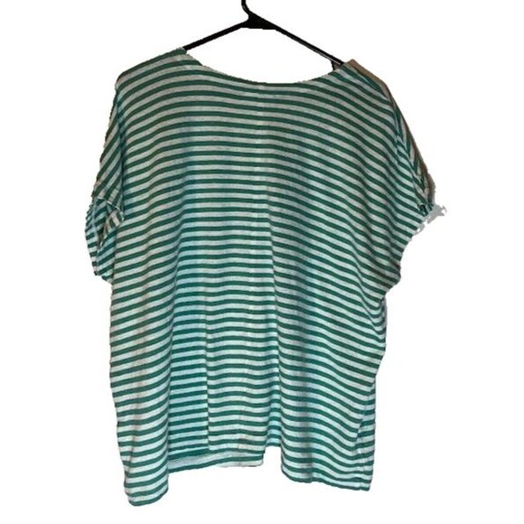 J. Jill Linen Blend Top L Green White Stripe V-Neck Cap Sleeve Casual Normcore - Picture 5 of 5